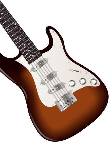 Illustration of an electric guitar in sunburst finish, showing the body, three pickups, and control knobs.