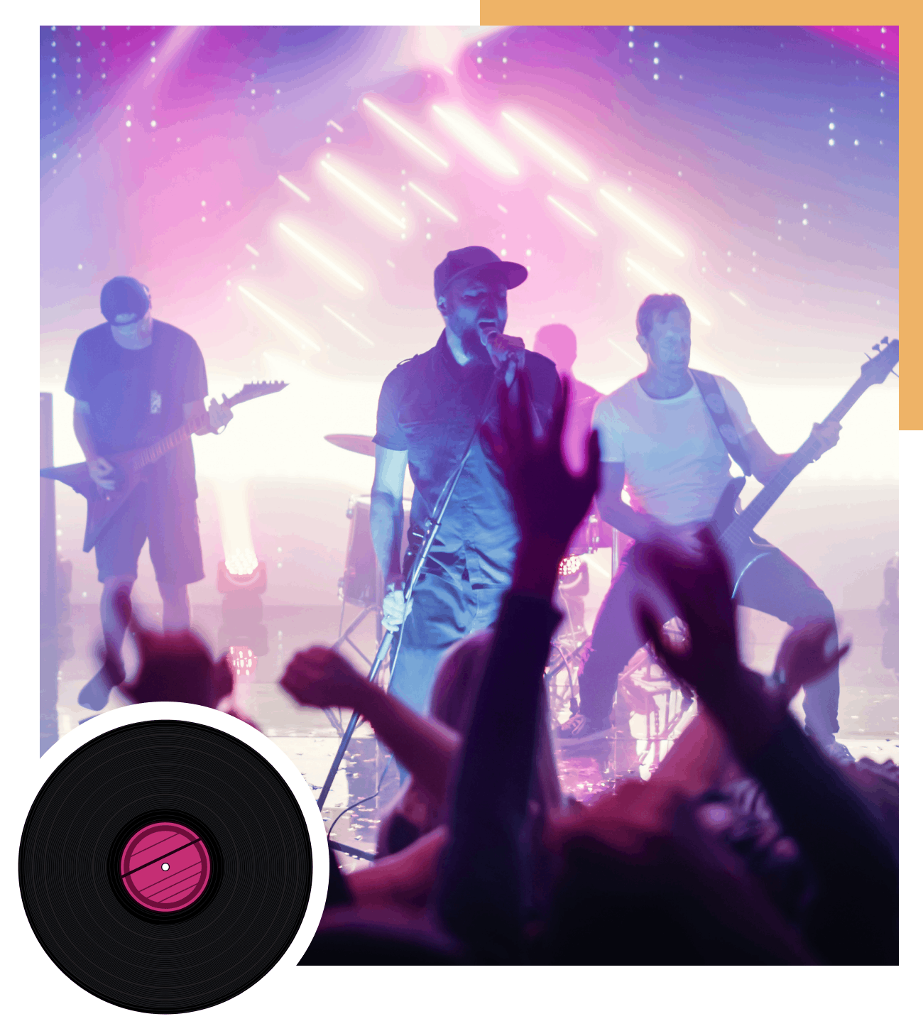 Band performing energetically on stage with vibrant lights; audience members raise hands in foreground. Vinyl record overlay in corner.