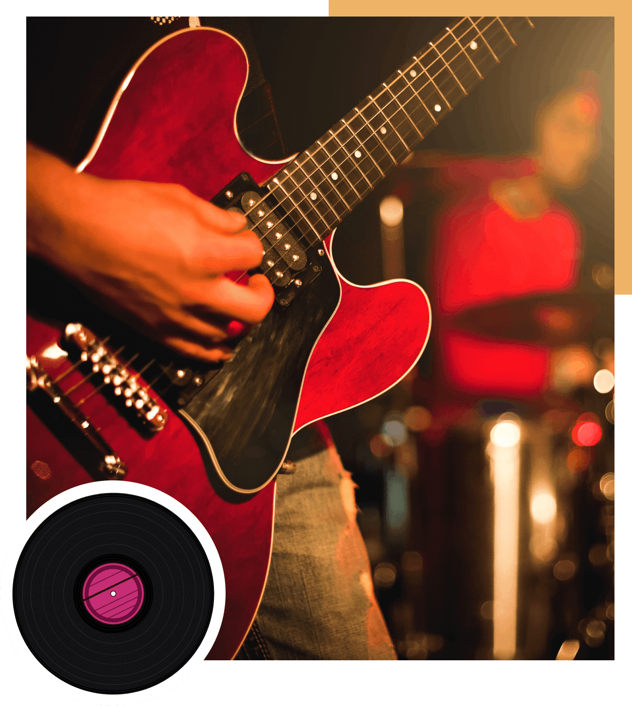 Close-up of a person playing a red electric guitar with a drummer blurred in the background. A vinyl record graphic is overlaid on the image.
